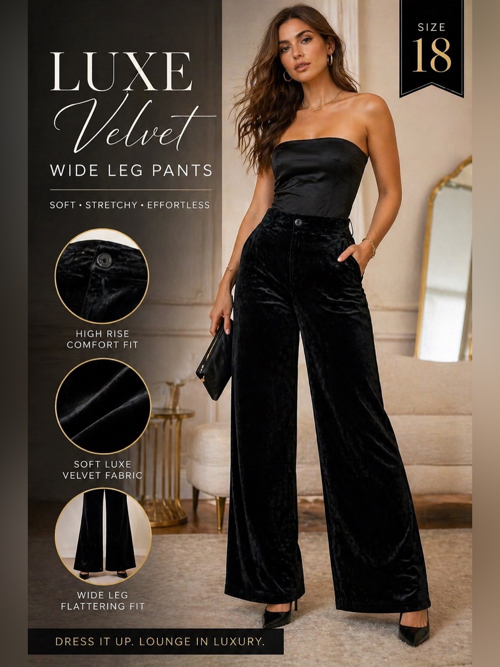 Black Velvet Wide Leg Pants Women’s Size 18 High Rise Flare Lounge Dressy Soft